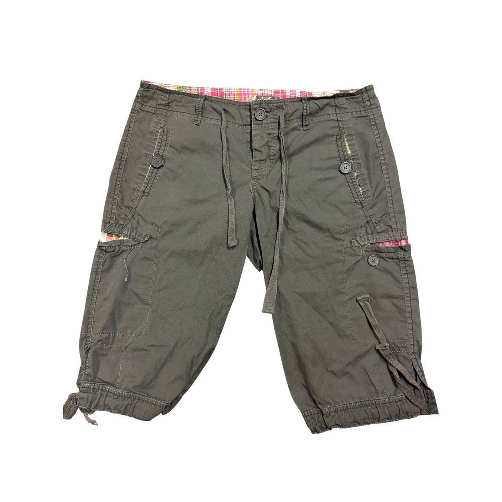 Angel Kiss Olive Green Cargo Capri Shorts Plaid Trim Y2K Utility Size 11